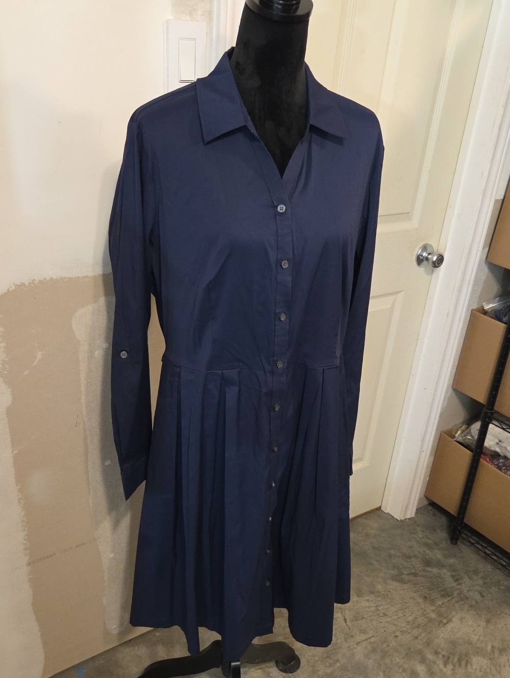 Charter Club Long-Sleeve Button-Front Shirt Dress Navy Blue  Rolled Up Sleeve